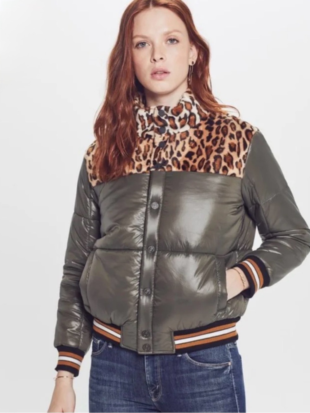 MOTHER The Puff-Fur Snap Jacket Women's Size XS Olive Leopard Puffer Bomber Coat